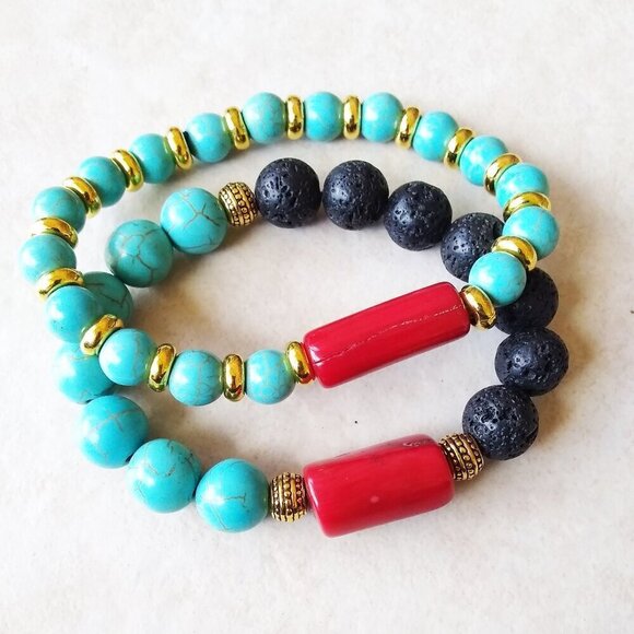 Sexy Stretch Bracelet: Red Coral + Turquoise Howlite + Black Lava Rock Beads - Picture 6 of 7